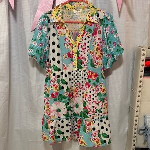 Umgee Yellow Floral and Polka Dot Dress